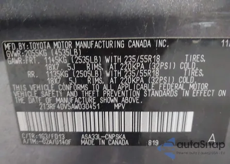 2010 Toyota Rav4 Sport z USA, uszkodzony, nr VIN 2T3RF4DV5AW030451